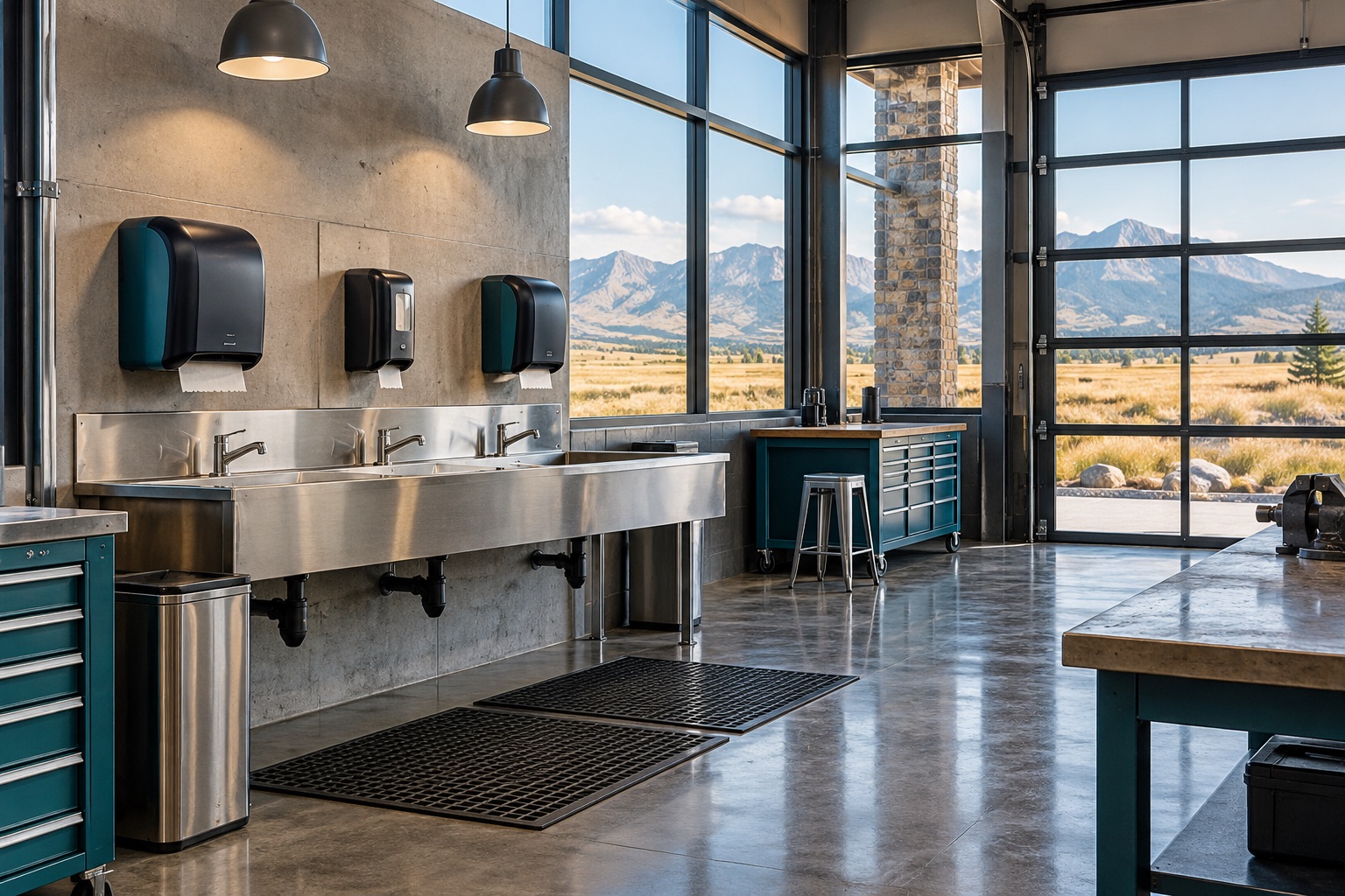 A practical commercial workshop wash station with large windows toward prairie foothills