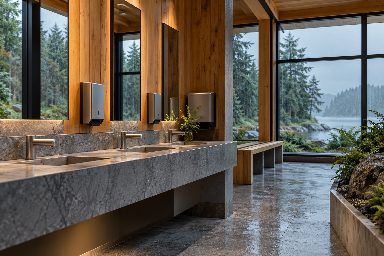 A timber-lined community facility hygiene station with rainy coastal forest beyond windows