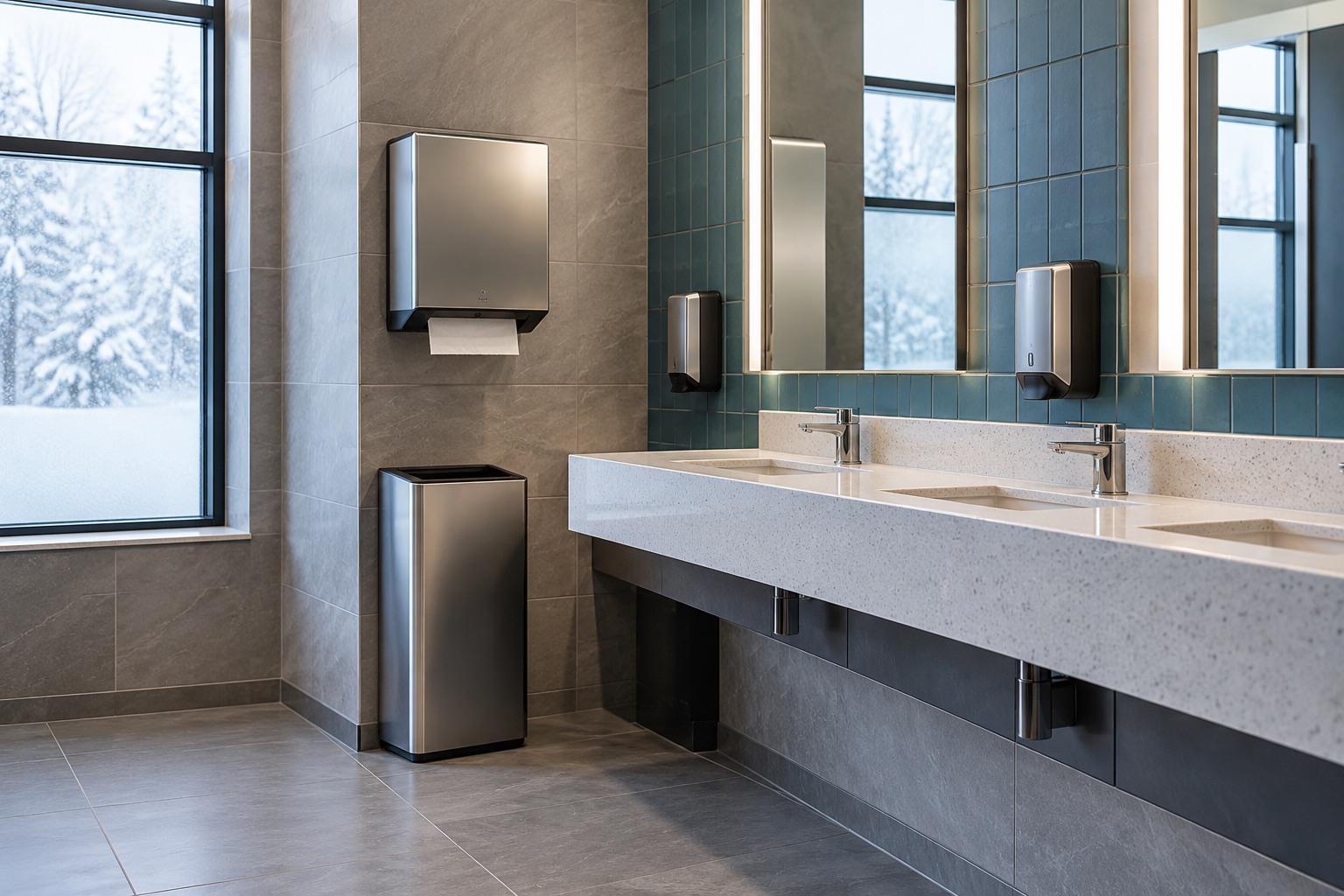 A school washroom soap-and-towel corner with frosted windows and winter daylight