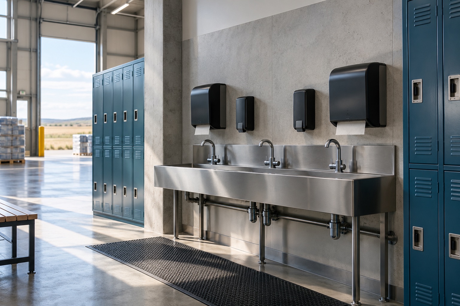 Poste de lavage des mains avec casiers bleus dans un entrepôt