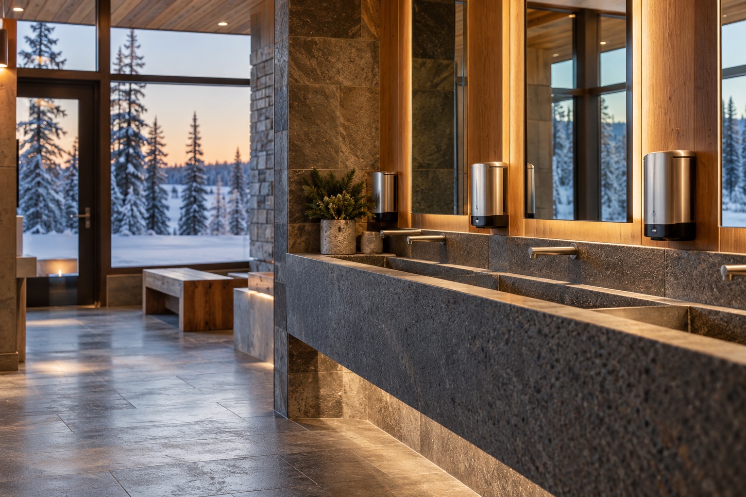 A northern community building handwashing area with warm interior lighting and snowy boreal forest beyond