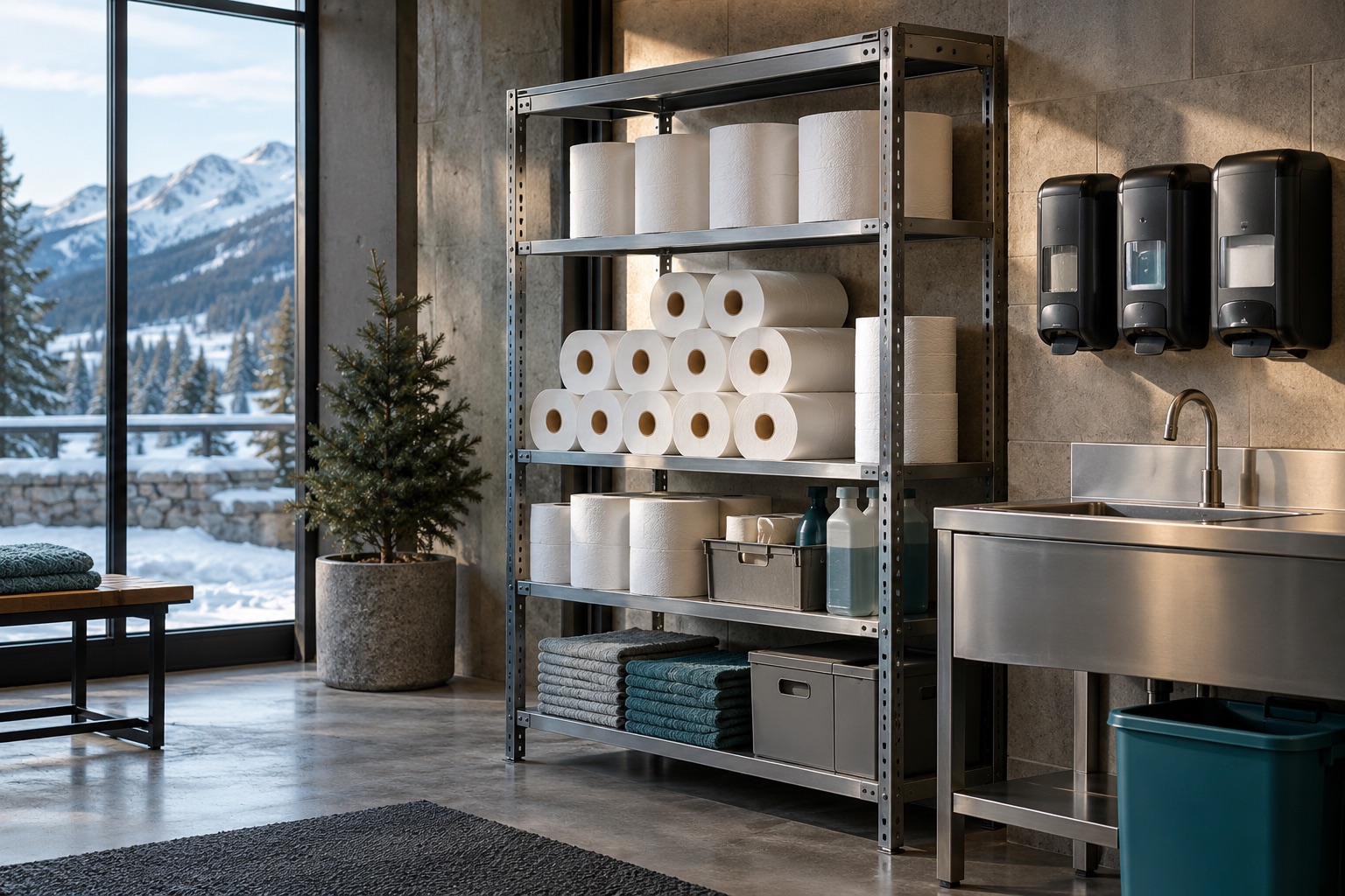Étagère de fournitures avec rouleaux et distributeurs sous une lumière hivernale