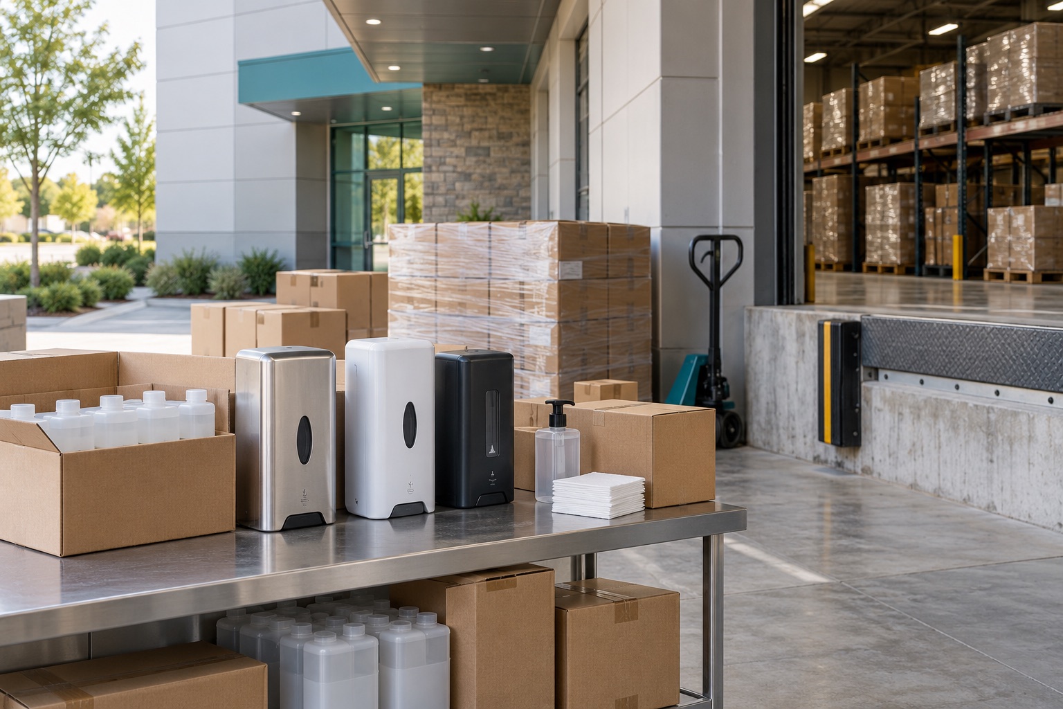 Zone de réception commerciale avec échantillons de distributeurs et recharges