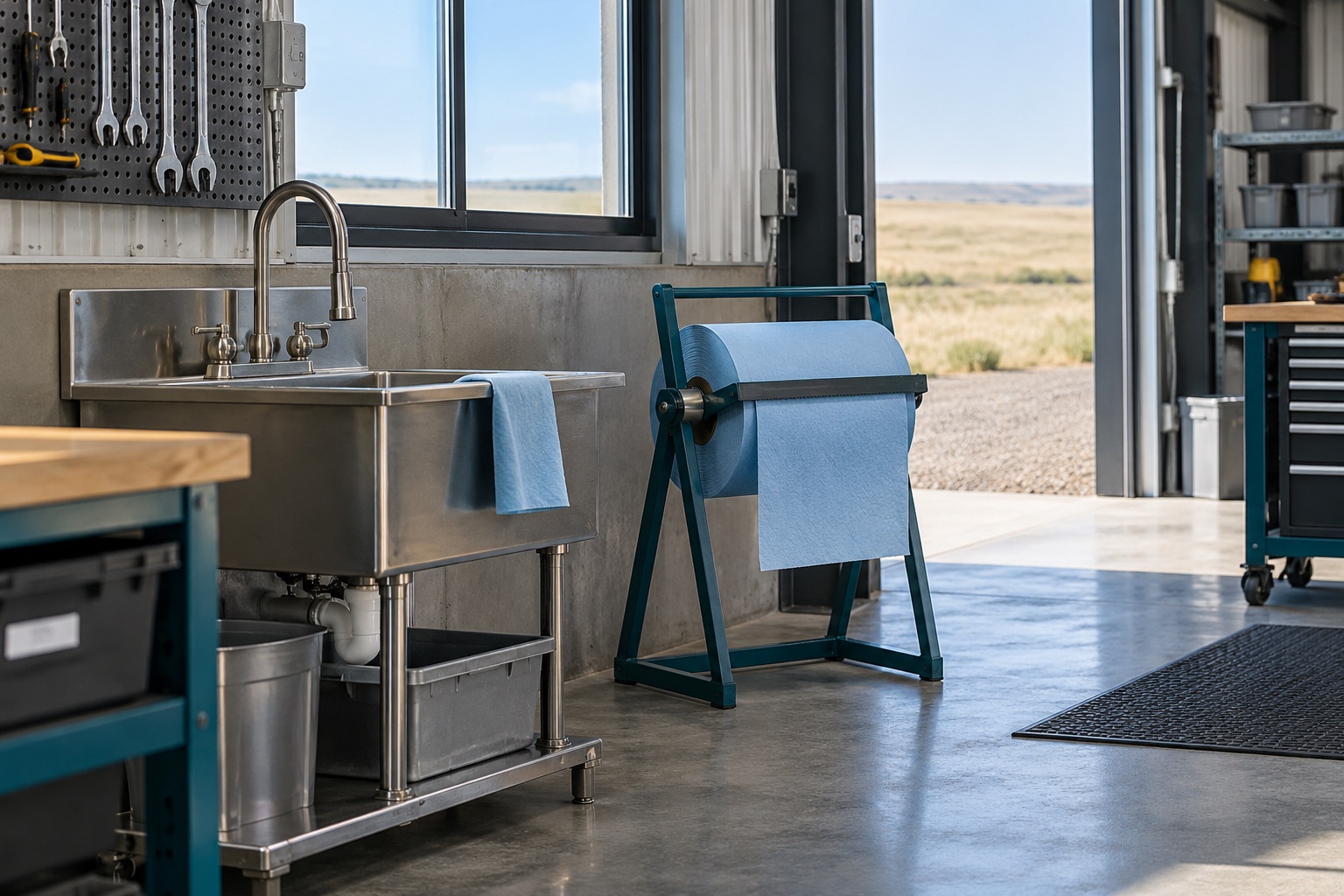 A prairie facility workshop sink with industrial wiper roll stand and broad daylight