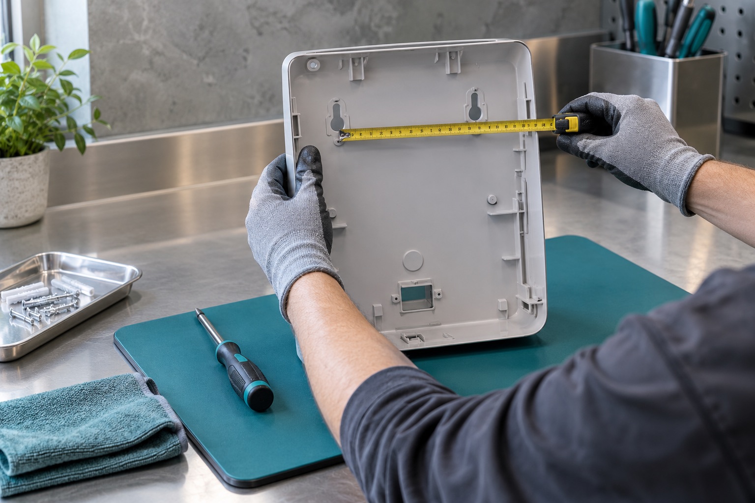 A technician’s gloved hands measuring mounting holes on an unbranded dispenser backplate at a clean bench