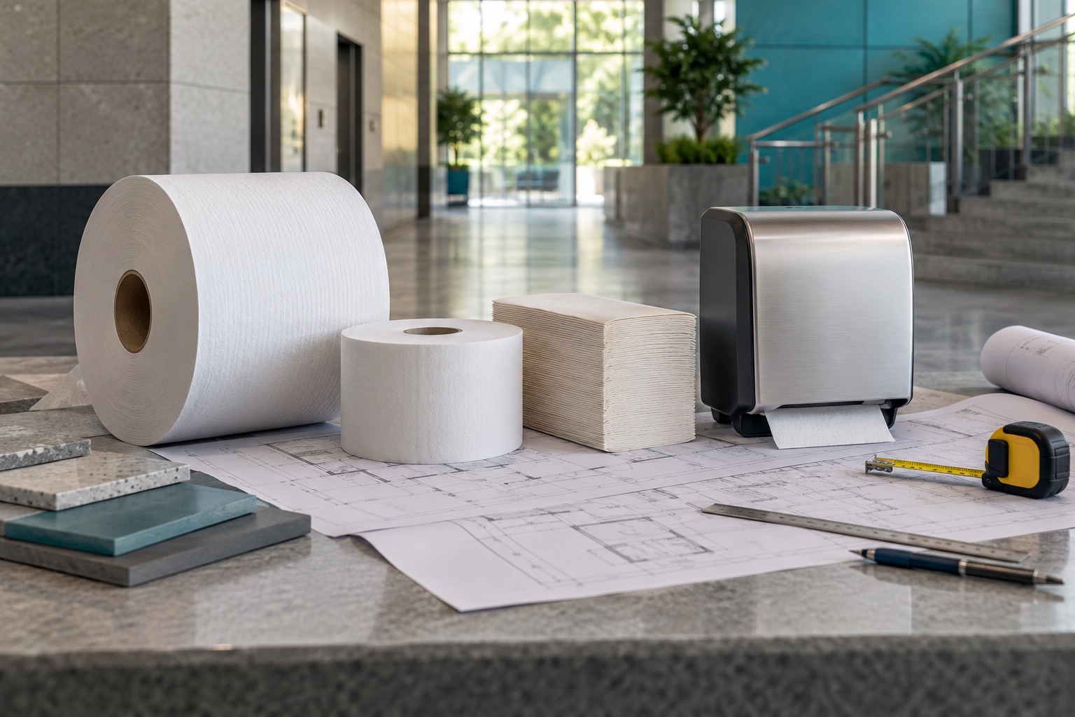 Table de préparation avec recharges, ruban à mesurer et distributeur