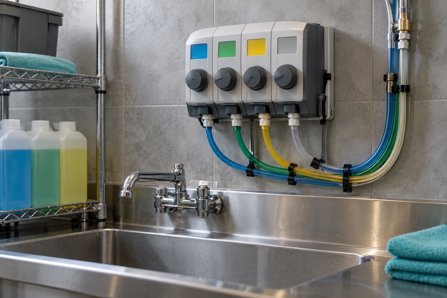 Close-up of a multi-line dilution unit and tidy colour-coded closed tubing at a janitorial sink