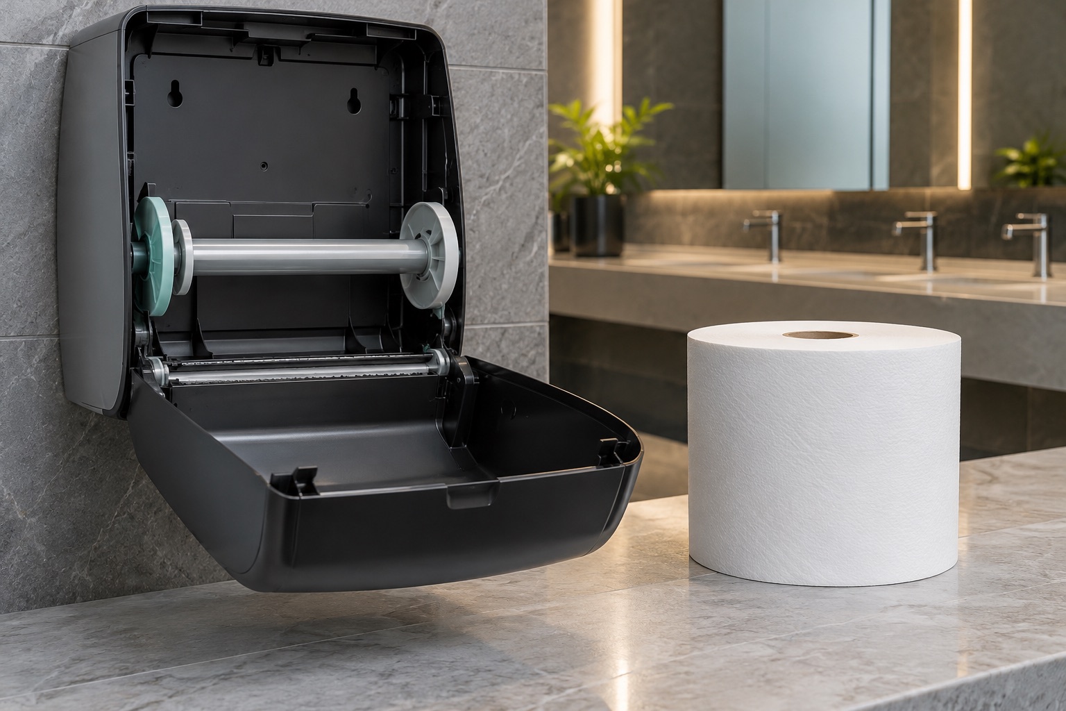 A large roll towel unit opened for loading beside a correctly sized paper roll