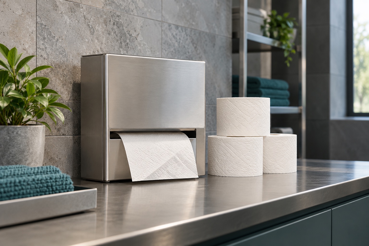 Support de papier hygiénique et rouleaux de réserve sur une table